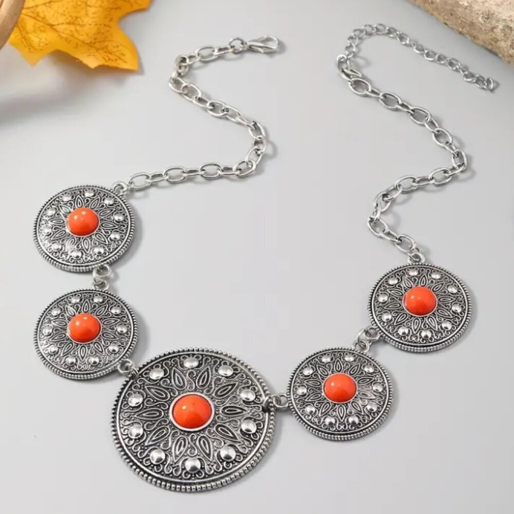 Vintage Bohemian Southwest Style Orange & Silver Disc - Silver Pendant Necklace